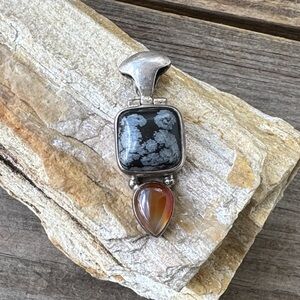 Sterling SIlver Pendant with Snowflake Obsidian and Carnelian
